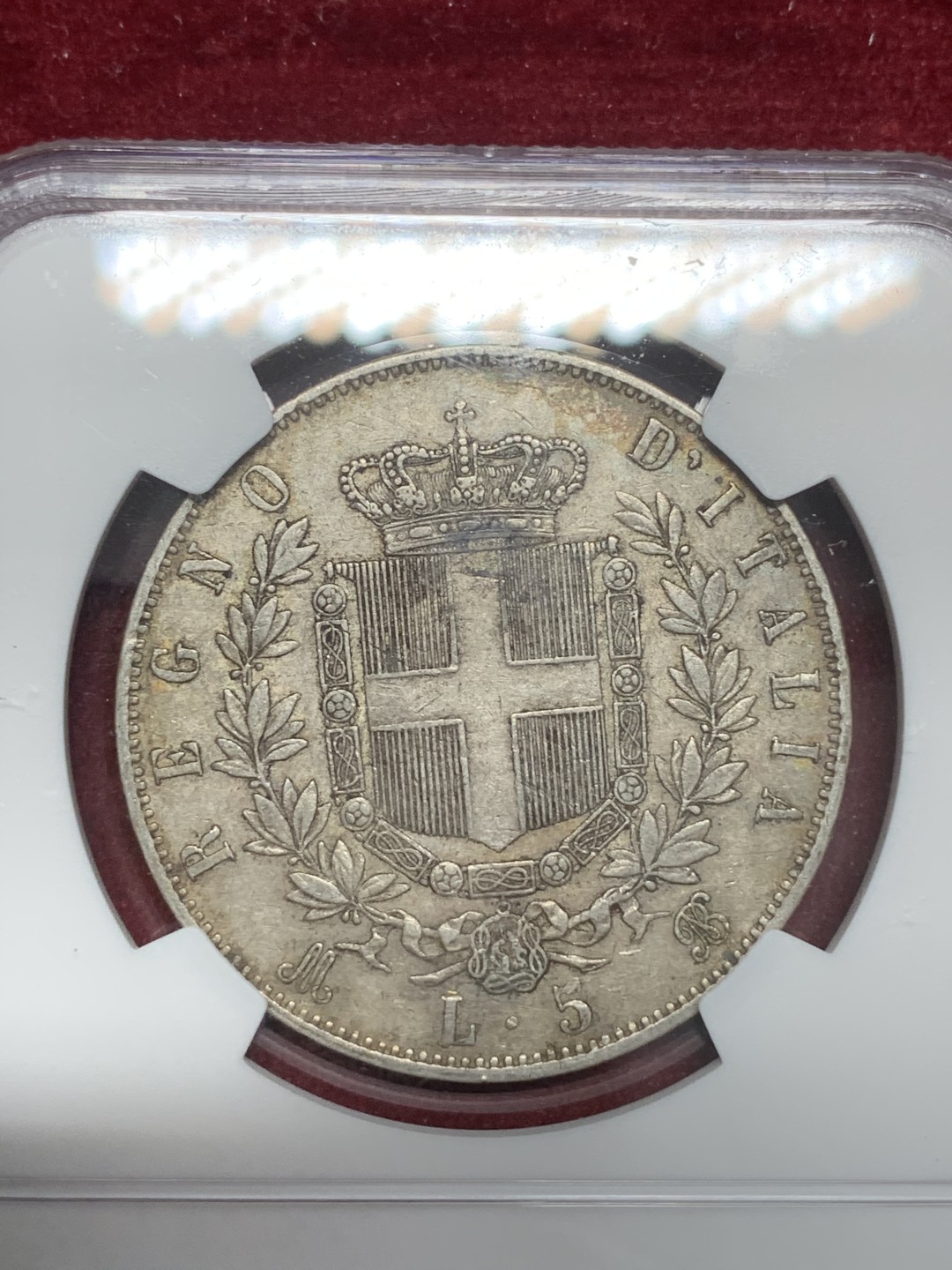 《竞宝斋》第68场-本周日，周一，周四.3场连拍（全场不限金额包邮） NGC-AU50 意大利 1872年 艾曼纽尔二世 5里拉 大银币 原味老包浆