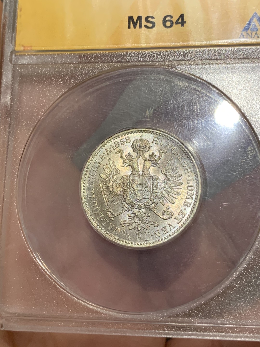 《竞宝斋》第68场-本周日，周一，周四.3场连拍（全场不限金额包邮） ANACS MS64 1858年奥地利1/4弗洛林银币 不太常见的面值，彩光，无愧64