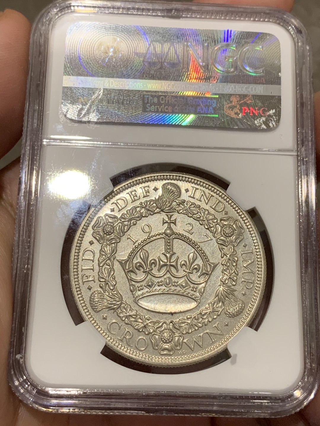 《竞宝斋》第68场-本周日，周一，周四.3场连拍（全场不限金额包邮） NGC PF63 英国1927年精制乔治五世 花冠一克朗 银币 难得状态 少见品种