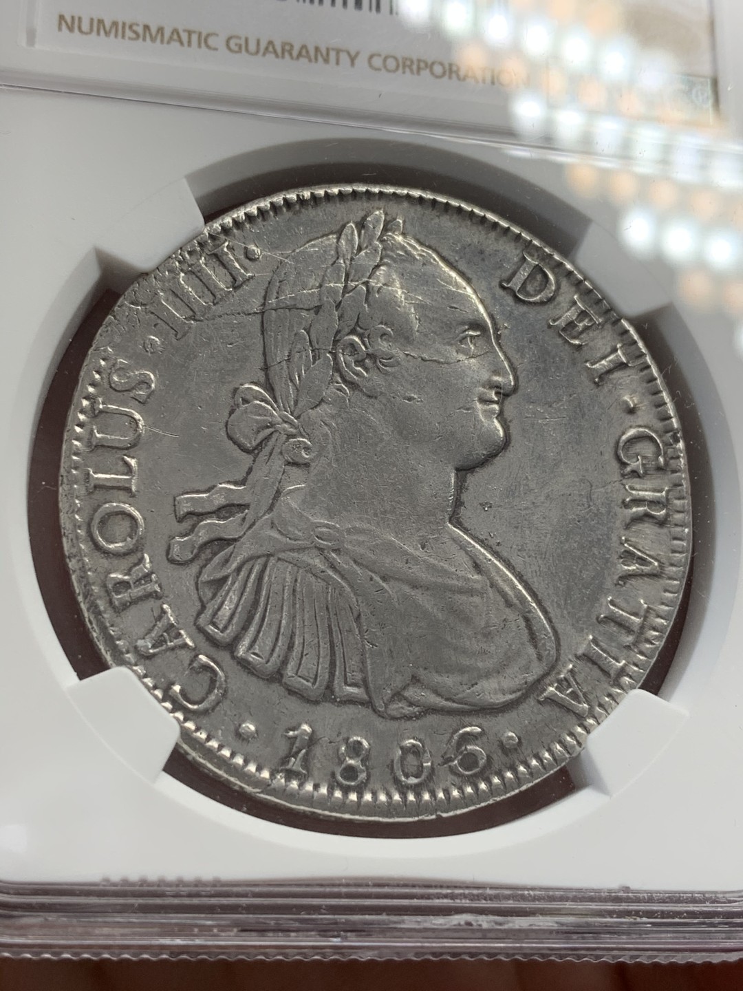 《竞宝斋》第68场-本周日，周一，周四.3场连拍（全场不限金额包邮） NGC-AUD 墨西哥双柱 卡洛斯四世 1806  8里亚尔 大银币 细节不错 双面深打