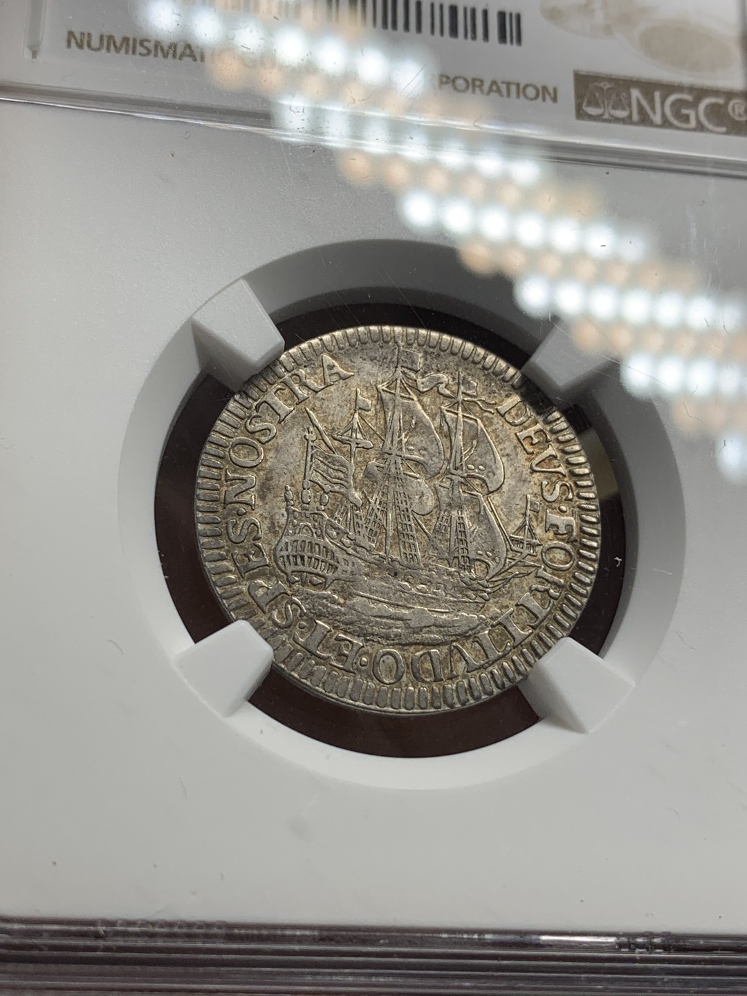 《竞宝斋》第68场-本周日，周一，周四.3场连拍（全场不限金额包邮） NGC-AU50 荷兰西弗里斯兰省 1678年 大帆船 6S银币 原味带彩 能给分的凤毛麟角