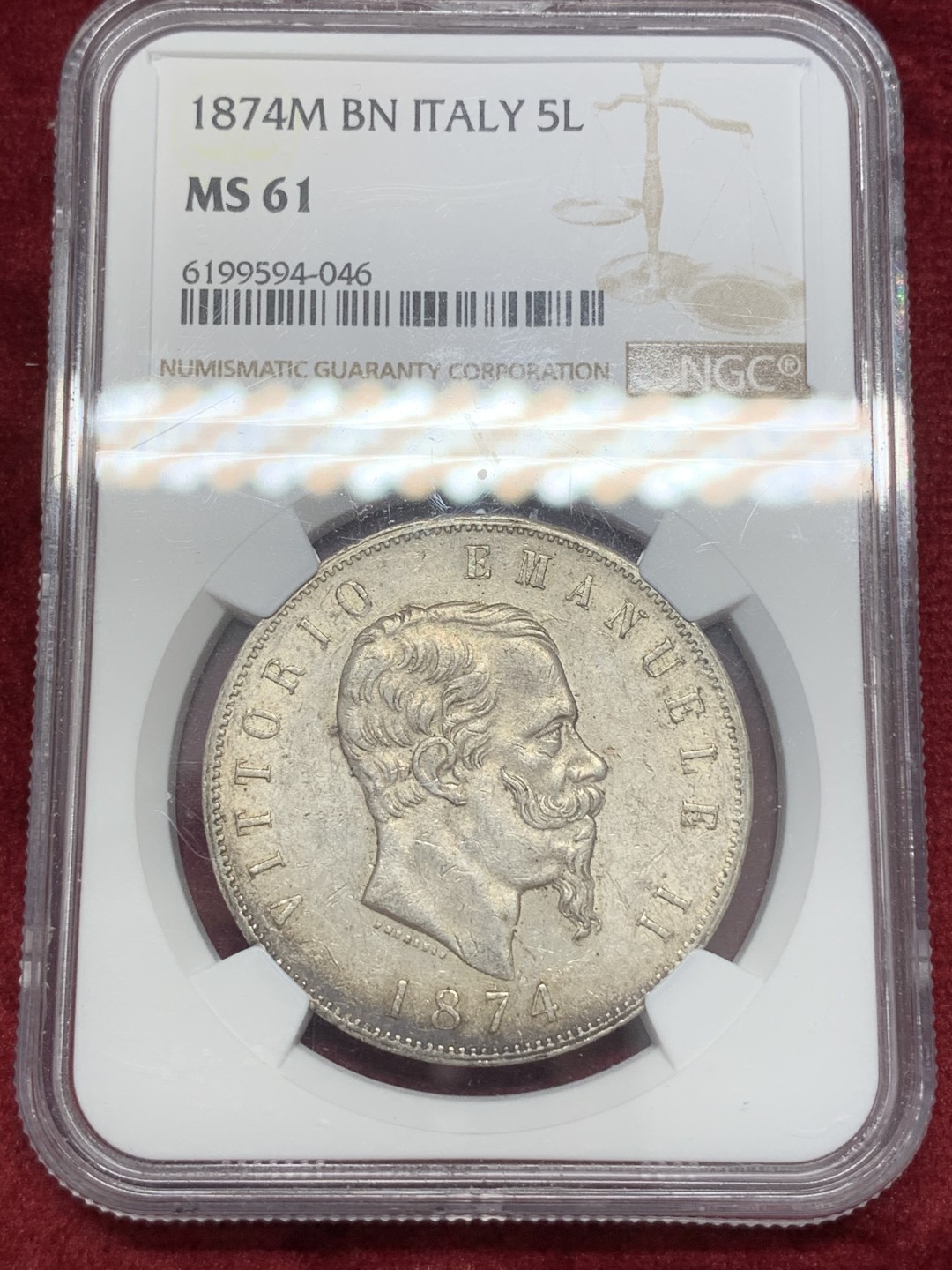 《竞宝斋》第68场-本周日，周一，周四.3场连拍（全场不限金额包邮） NGC-MS61 意大利 1874年 5里拉  银币 淡彩老包浆