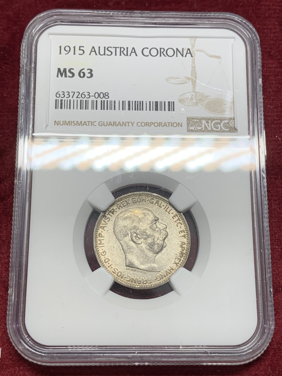 《竞宝斋》第68场-本周日，周一，周四.3场连拍（全场不限金额包邮） NGC-MS63 奥地利1915年 佛兰茨约瑟夫 1克朗银币 粉光带点包浆非常漂亮
