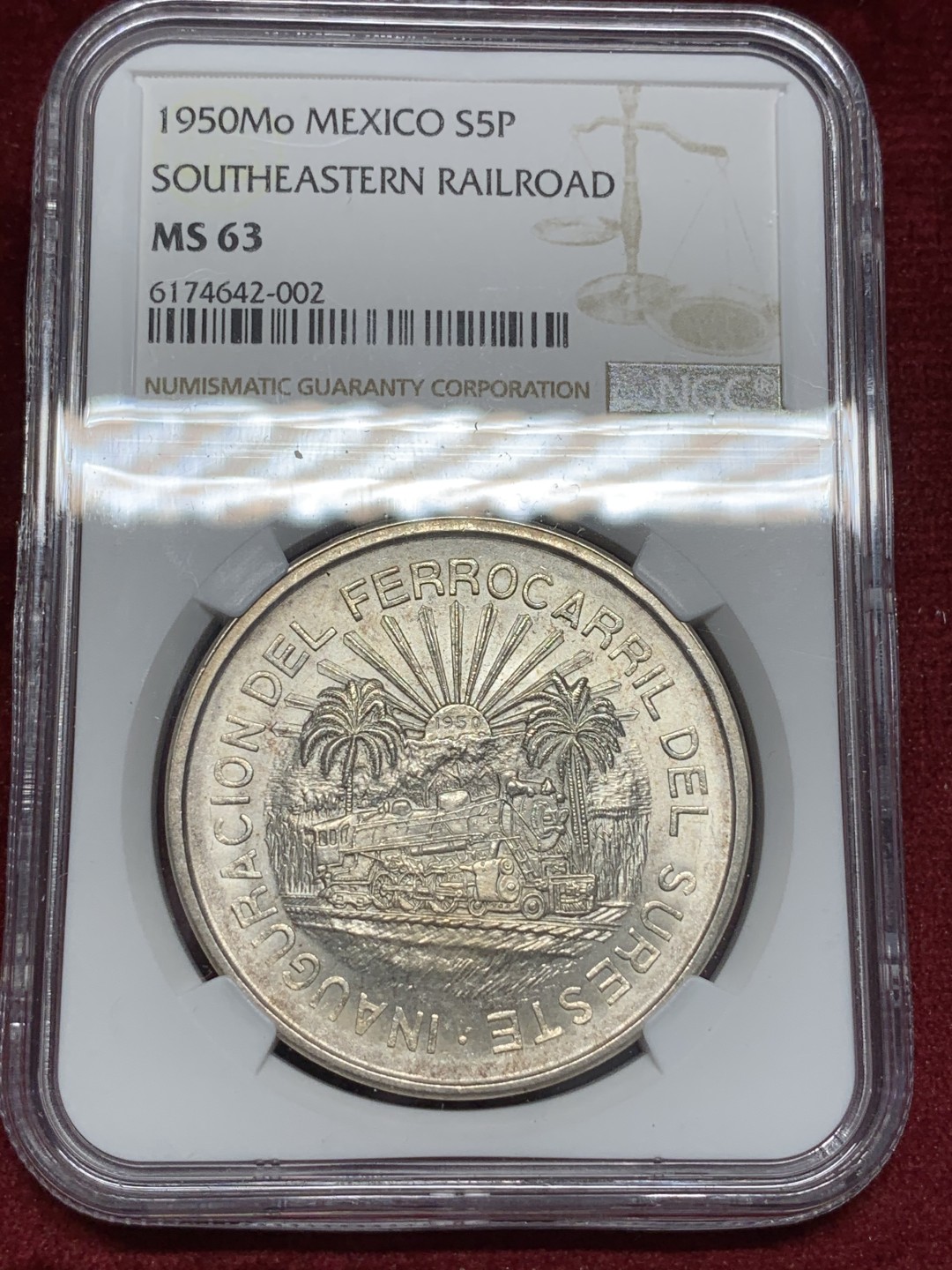 《竞宝斋》第68场-本周日，周一，周四.3场连拍（全场不限金额包邮） NGC-MS63 墨西哥 1950年 火车头5比索大银币 非常稀少的版别 这品像可以收藏了