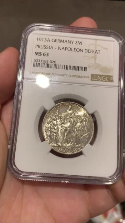 《竞宝斋》第68场-本周日，周一，周四.3场连拍（全场不限金额包邮） NGC-MS63，德国普鲁士战胜拿破仑2马克银币，1913年。
