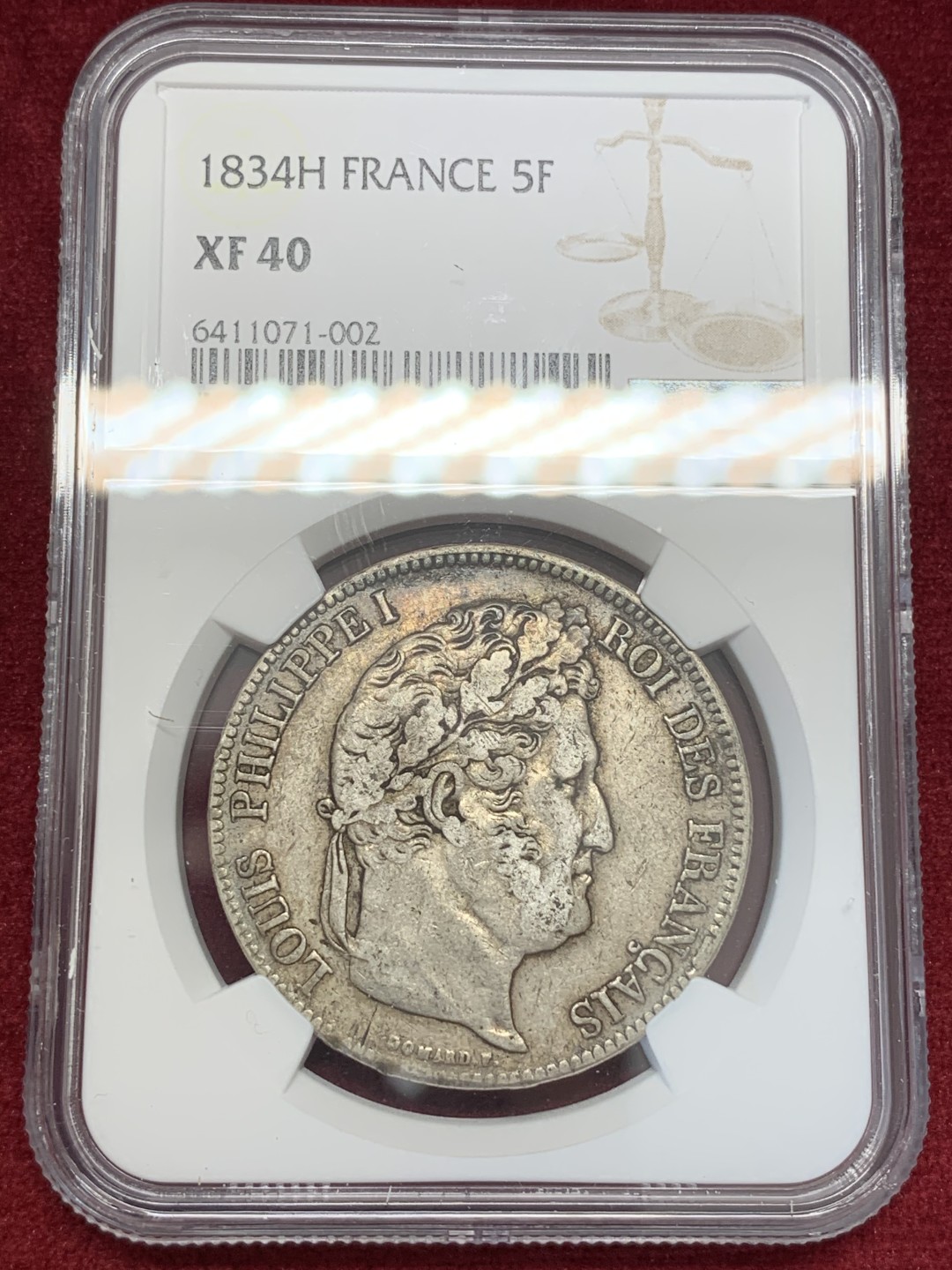 《竞宝斋》第68场-本周日，周一，周四.3场连拍（全场不限金额包邮） NGC XF40 法国 1834年菲利普一世五法郎银币 老包浆好品相