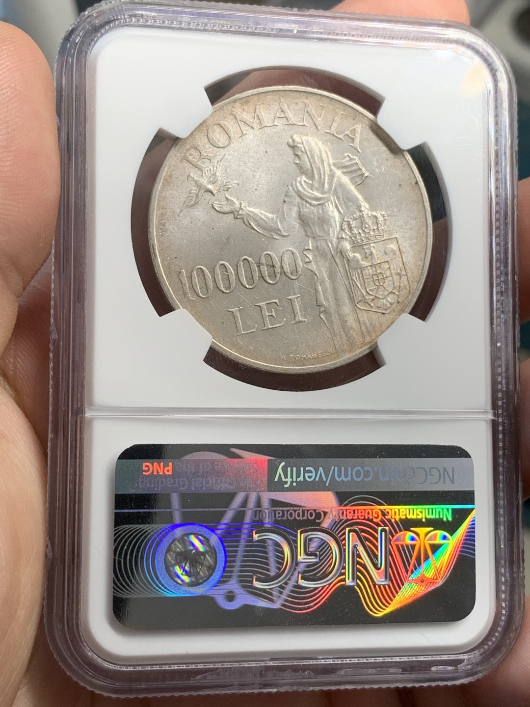 《竞宝斋》第68场-本周日，周一，周四.3场连拍（全场不限金额包邮） NGC-MS62 罗马尼亚1946年 10万列伊 大银币