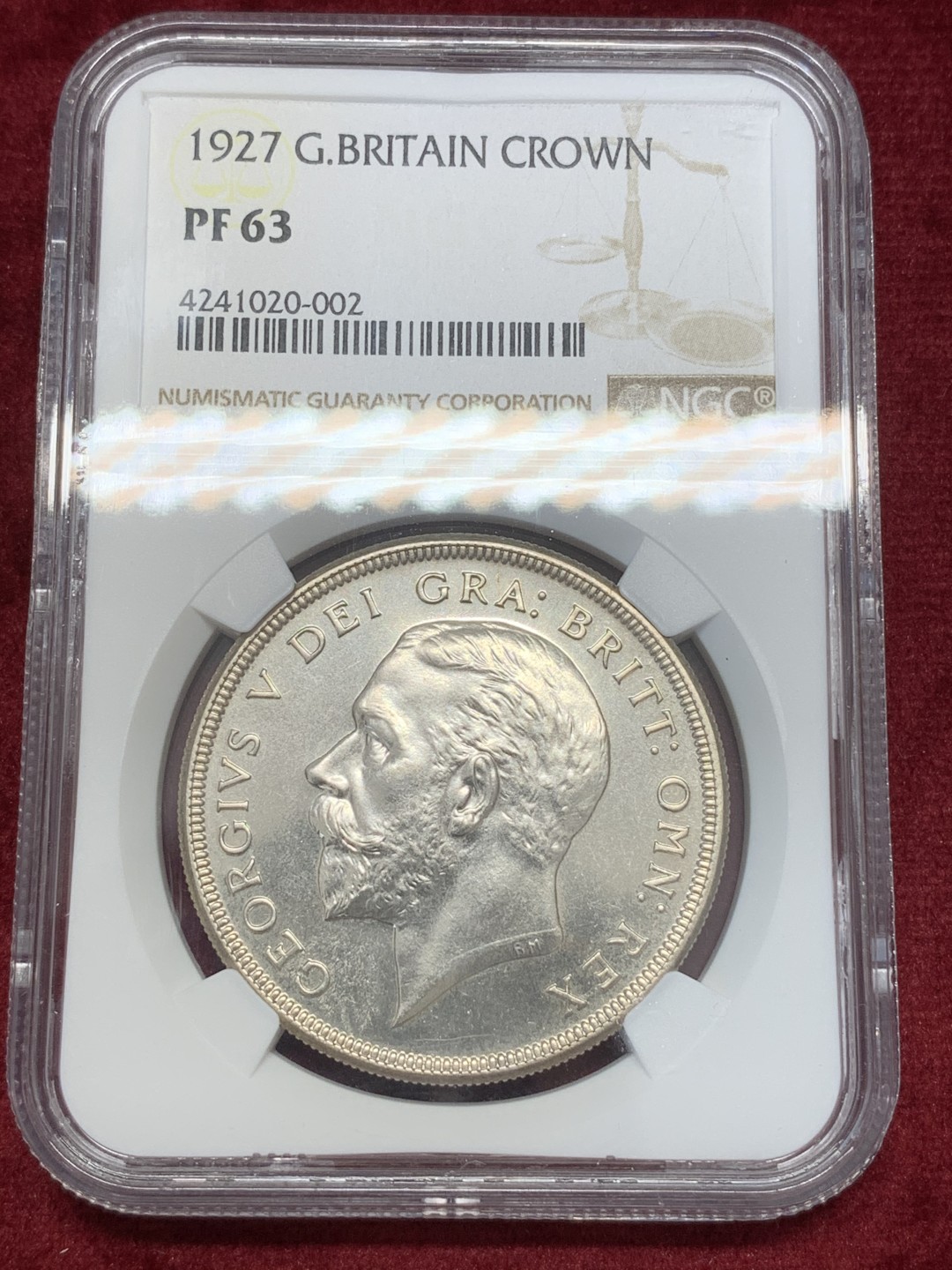 《竞宝斋》第68场-本周日，周一，周四.3场连拍（全场不限金额包邮） NGC PF63 英国1927年精制乔治五世 花冠一克朗 银币 难得状态 少见品种