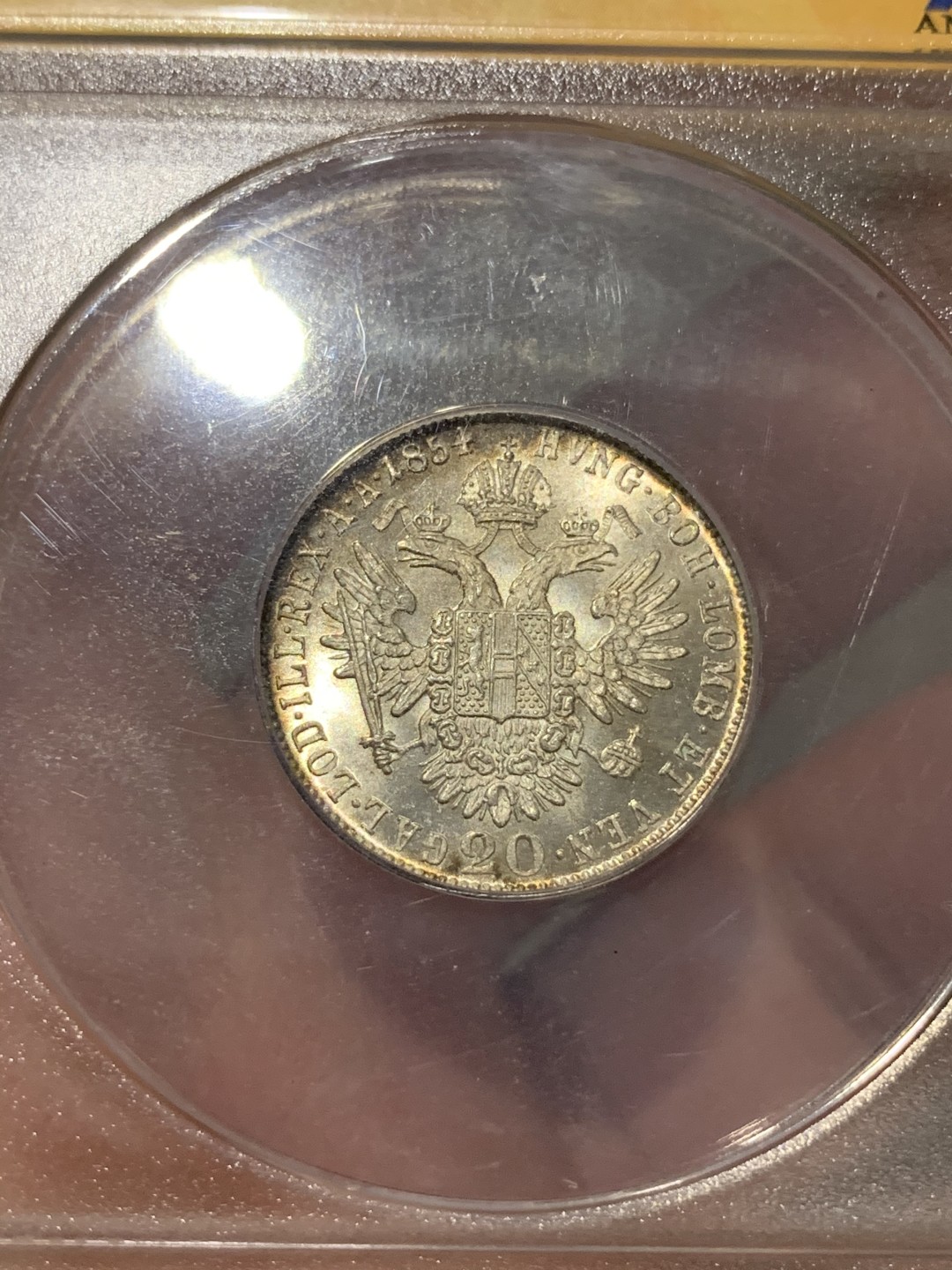 《竞宝斋》第68场-本周日，周一，周四.3场连拍（全场不限金额包邮） ANACS MS64 1854年奥地利20克鲁泽银币 鹰徽面状态极佳