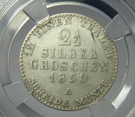 德国普鲁士银币,弗里德里希.威廉四世1850A,2.5银格罗申