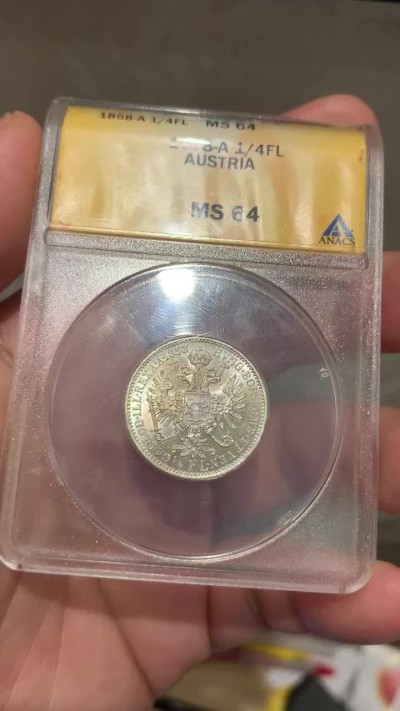 《竞宝斋》第68场-本周日，周一，周四.3场连拍（全场不限金额包邮） ANACS MS64 1858年奥地利1/4弗洛林银币 不太常见的面值，彩光，无愧64