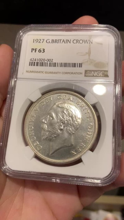 《竞宝斋》第68场-本周日，周一，周四.3场连拍（全场不限金额包邮） NGC PF63 英国1927年精制乔治五世 花冠一克朗 银币 难得状态 少见品种