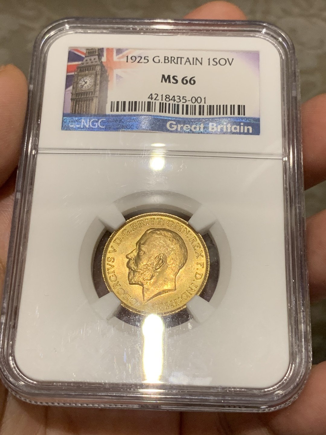 《竞宝斋》第68场-本周日，周一，周四.3场连拍（全场不限金额包邮） NGC MS66 英国1925年乔治五世1索维林 金币 高分少见 特色标签