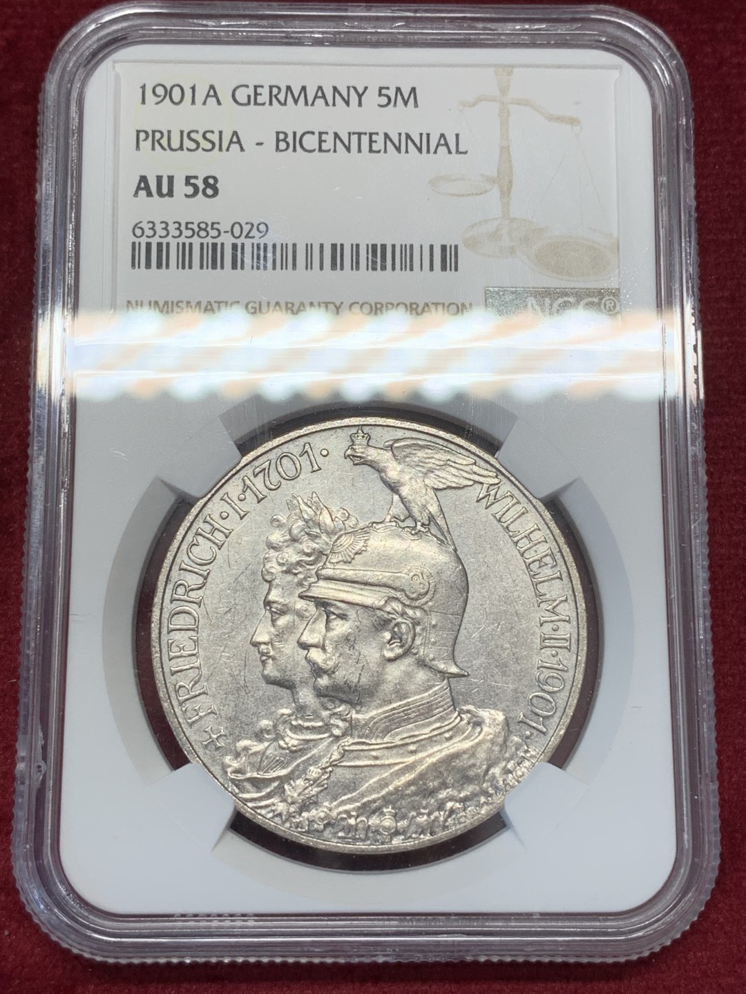 《竞宝斋》第68场-本周日，周一，周四.3场连拍（全场不限金额包邮） NGC-AU58 德国 1901年 普鲁士建国 200周年纪念 5马克银币