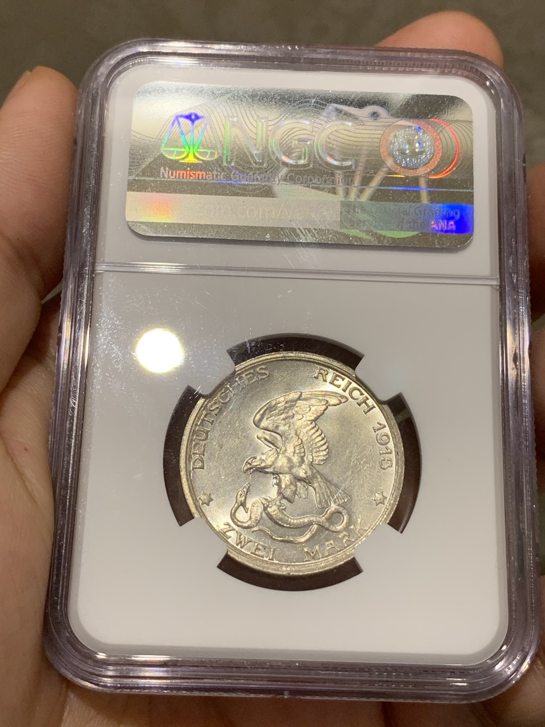 《竞宝斋》第68场-本周日，周一，周四.3场连拍（全场不限金额包邮） NGC-MS63，德国普鲁士战胜拿破仑2马克银币，1913年。