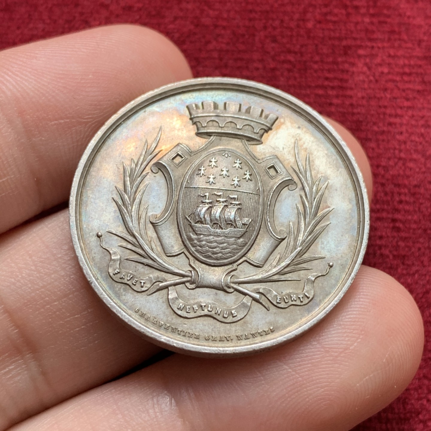 《竞宝斋》第68场-本周日，周一，周四.3场连拍（全场不限金额包邮） 法国1859年圆形银代币 原光品五彩包浆 早期蜜蜂铭银标 31毫米 12.45克