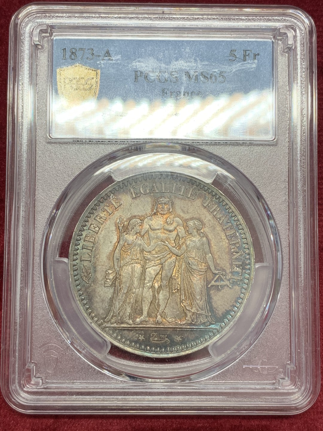 《竞宝斋》第68场-本周日，周一，周四.3场连拍（全场不限金额包邮） PCGS-MS65 法国1873-A 大力神5法郎 重彩包浆 底板完美 收藏级分数 