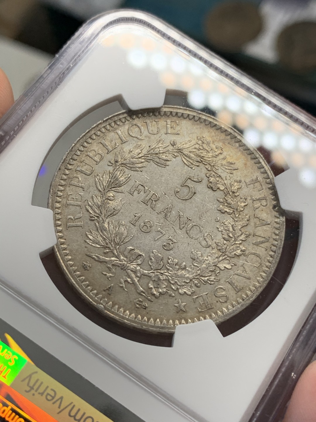 《竞宝斋》第68场-本周日，周一，周四.3场连拍（全场不限金额包邮） NCG AU55 法国 1873年大力神五法郎银币 好品相带转光