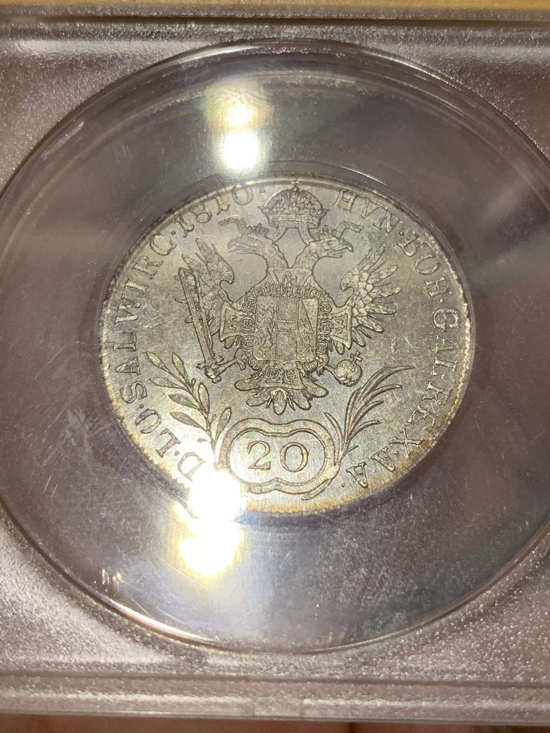 《竞宝斋》第68场-本周日，周一，周四.3场连拍（全场不限金额包邮） ANACS MS64 1810年奥地利20克鲁泽银币 镜面底，高分