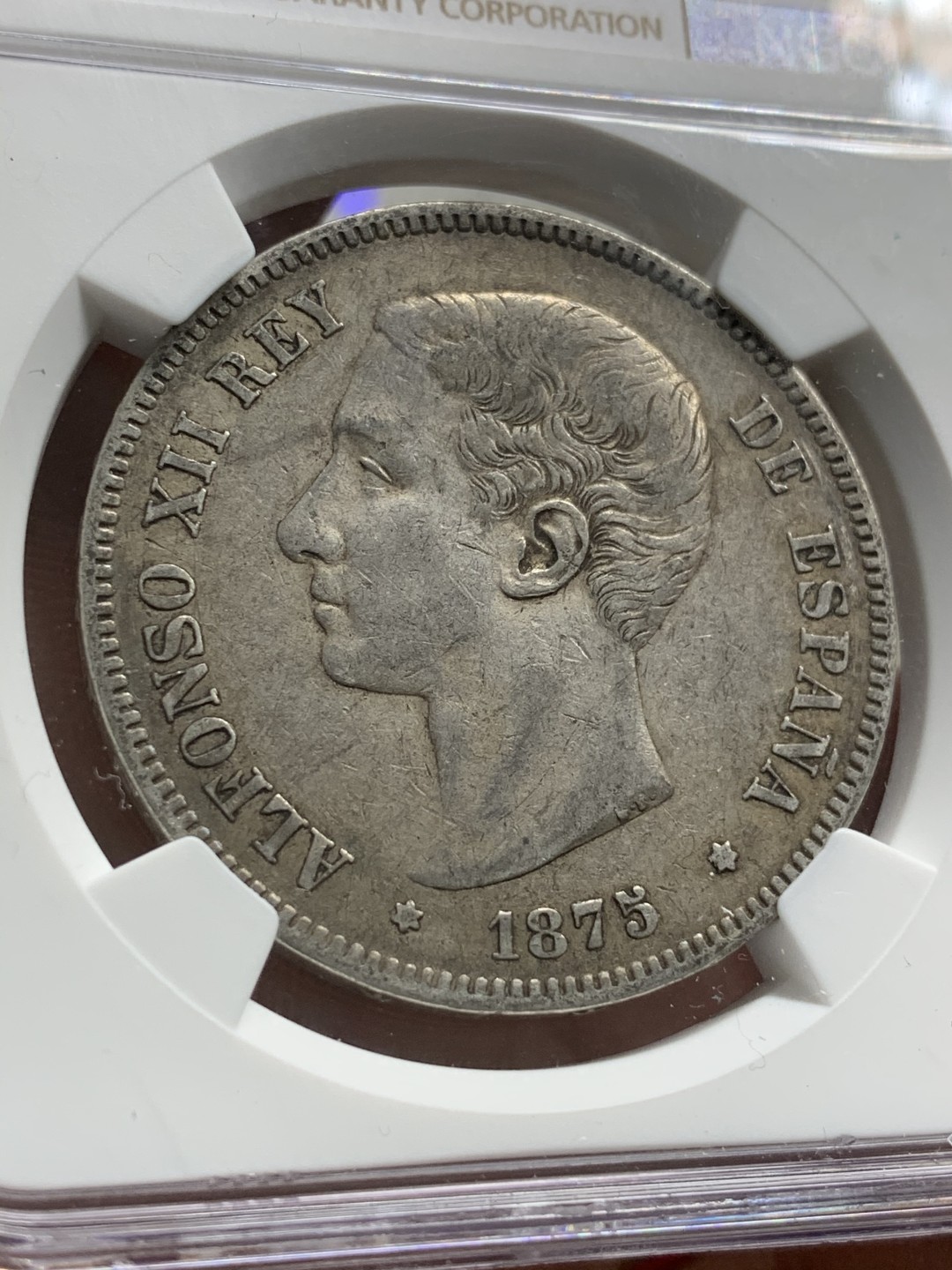 《竞宝斋》第68场-本周日，周一，周四.3场连拍（全场不限金额包邮） NGC-XF45 西班牙 1875年阿方索十二世 5比塞塔大银币 原味好品