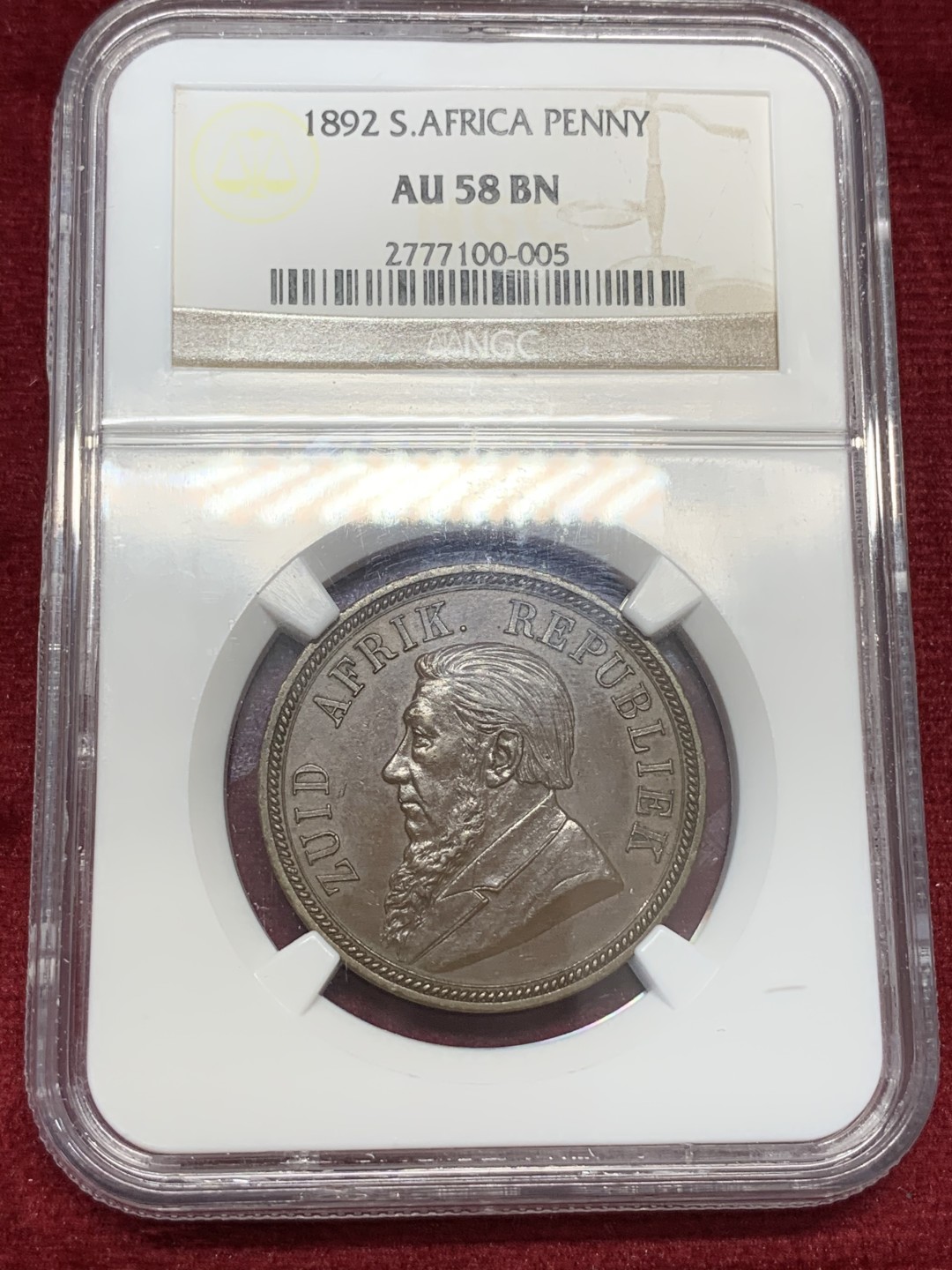 《竞宝斋》第68场-本周日，周一，周四.3场连拍（全场不限金额包邮） NGC-AU58,南非德兰士瓦共和国1便士铜币，1892年。