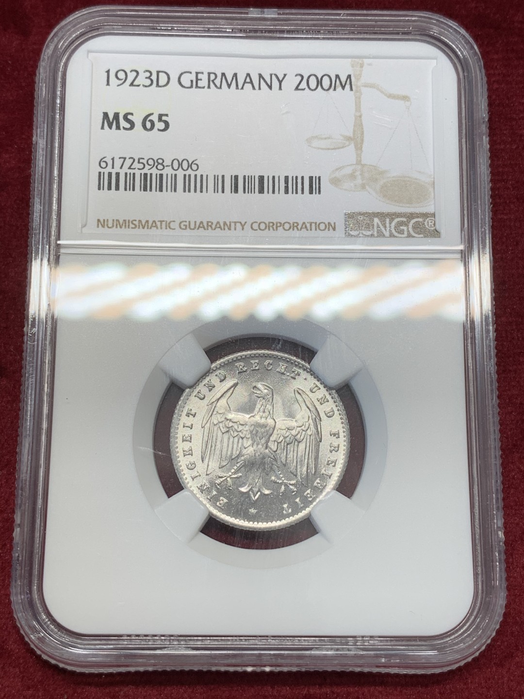 《竞宝斋》第68场-本周日，周一，周四.3场连拍（全场不限金额包邮） NGC-MS65，德国 1923年D版  200马克铝币，上65分不容易