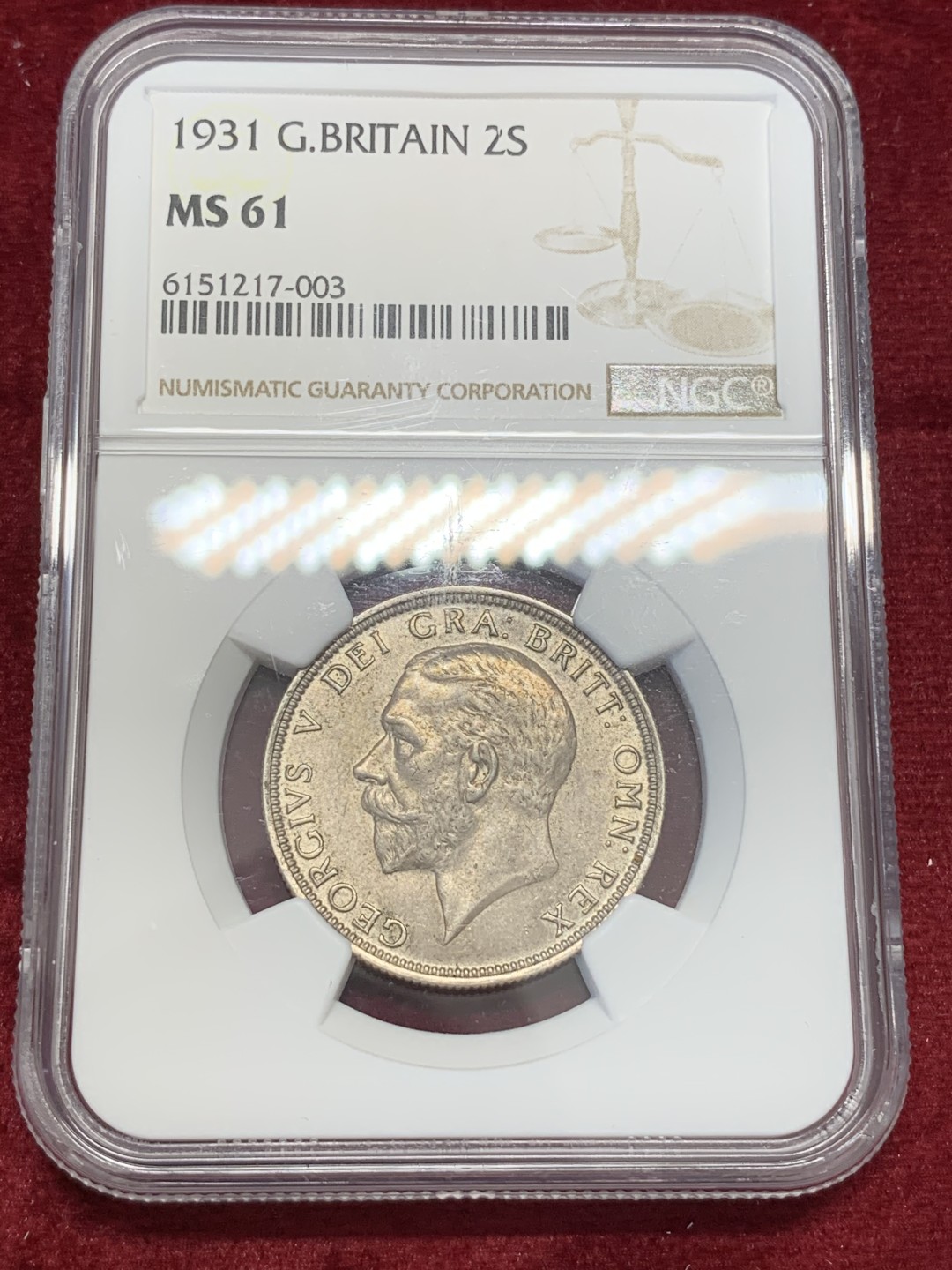 《竞宝斋》第68场-本周日，周一，周四.3场连拍（全场不限金额包邮） NGC-MS61 英国 1931年 2先令弗洛林，乔五银币 包浆难得