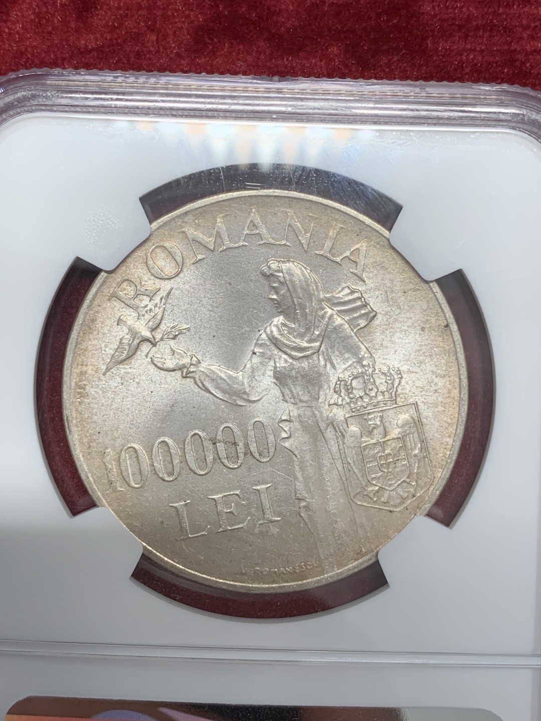 《竞宝斋》第68场-本周日，周一，周四.3场连拍（全场不限金额包邮） NGC-MS62 罗马尼亚1946年 10万列伊 大银币