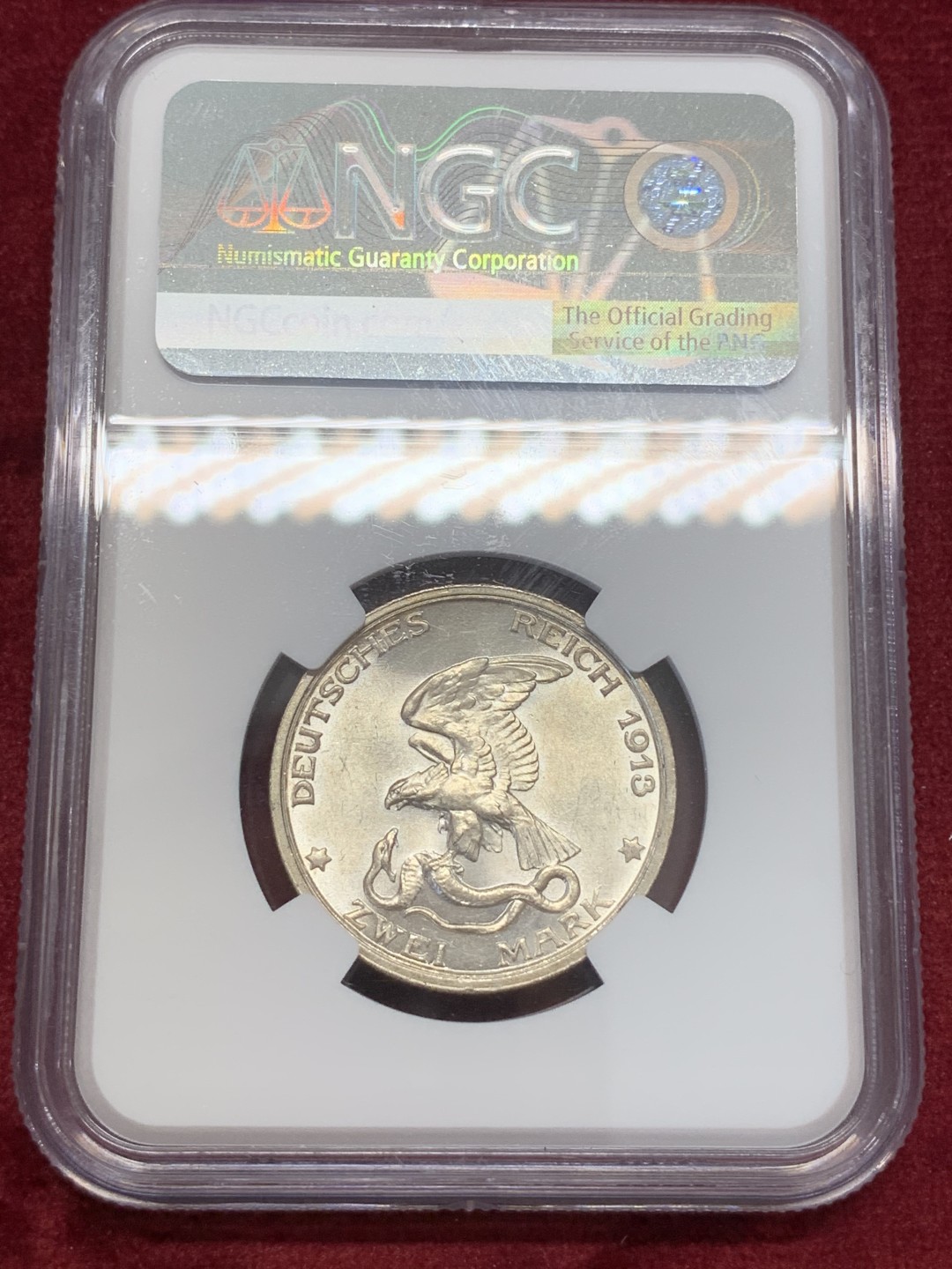 《竞宝斋》第68场-本周日，周一，周四.3场连拍（全场不限金额包邮） NGC-MS63，德国普鲁士战胜拿破仑2马克银币，1913年。