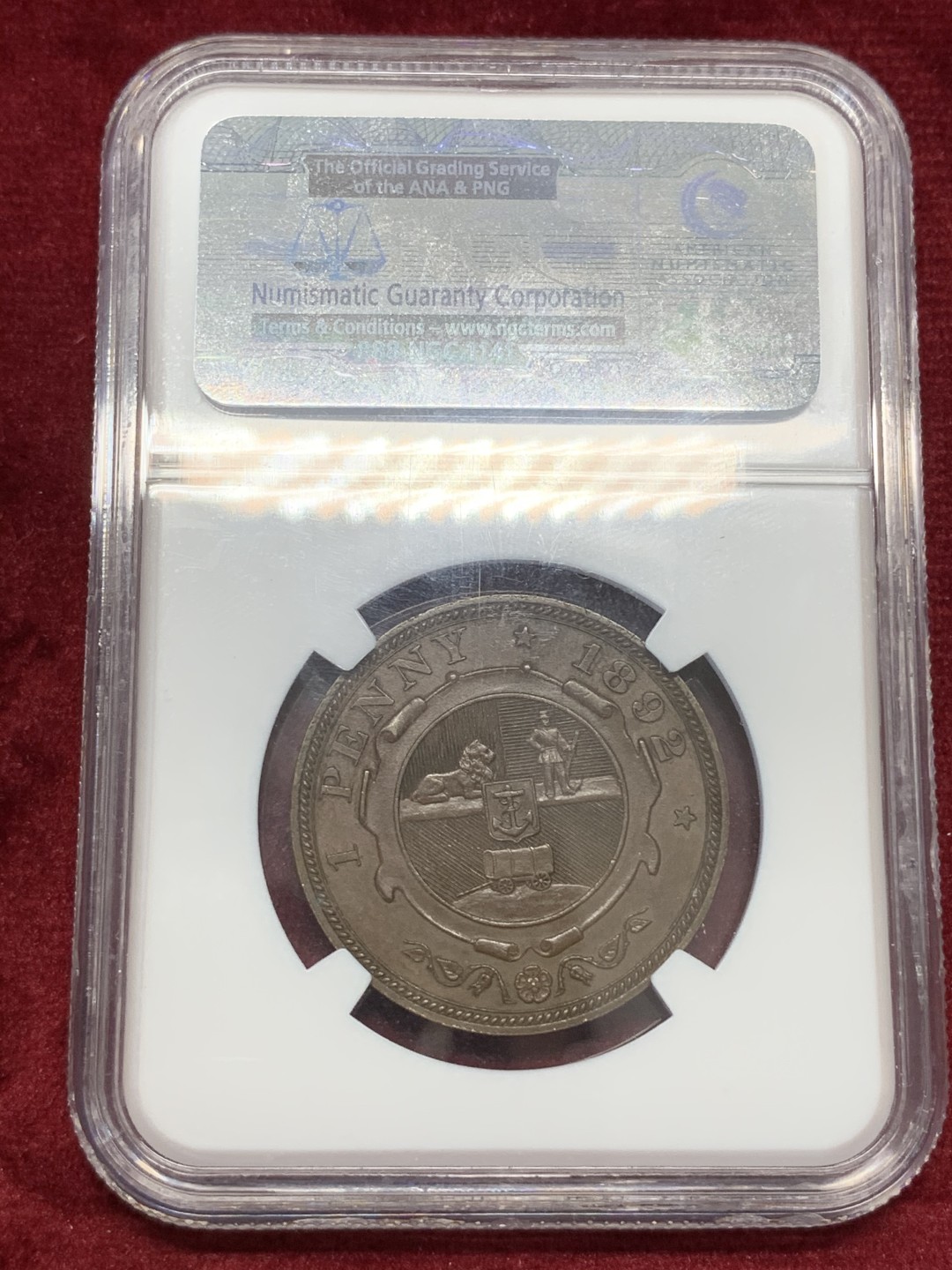 《竞宝斋》第68场-本周日，周一，周四.3场连拍（全场不限金额包邮） NGC-AU58,南非德兰士瓦共和国1便士铜币，1892年。