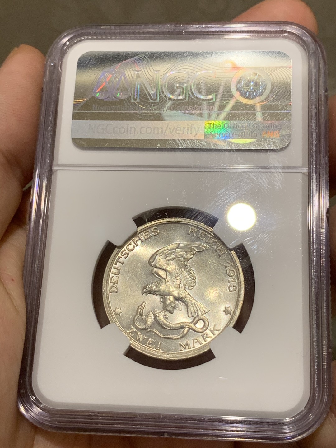 《竞宝斋》第68场-本周日，周一，周四.3场连拍（全场不限金额包邮） NGC-MS63，德国普鲁士战胜拿破仑2马克银币，1913年。