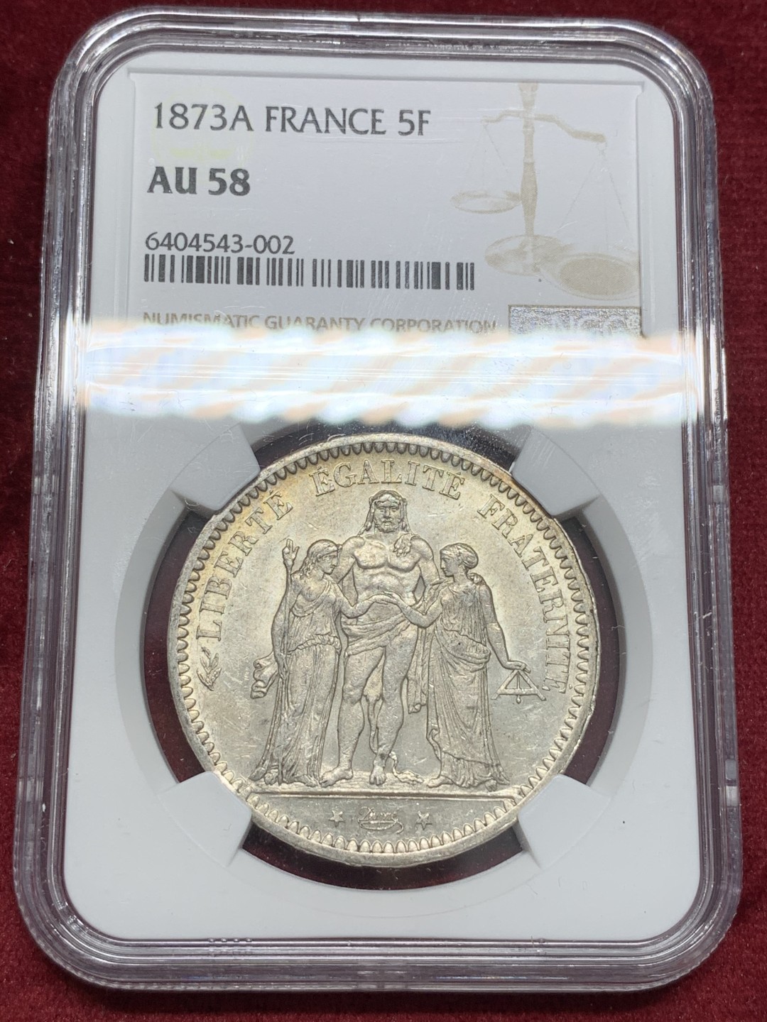 《竞宝斋》第68场-本周日，周一，周四.3场连拍（全场不限金额包邮） NGC-AU58 法国1873年 大力神5法郎 大银币 原光好品