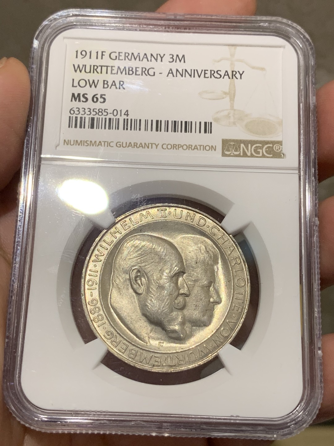 《竞宝斋》第68场-本周日，周一，周四.3场连拍（全场不限金额包邮） NGC-MS65 德国 1911年符腾堡威廉二世国王银婚纪念3马克银币