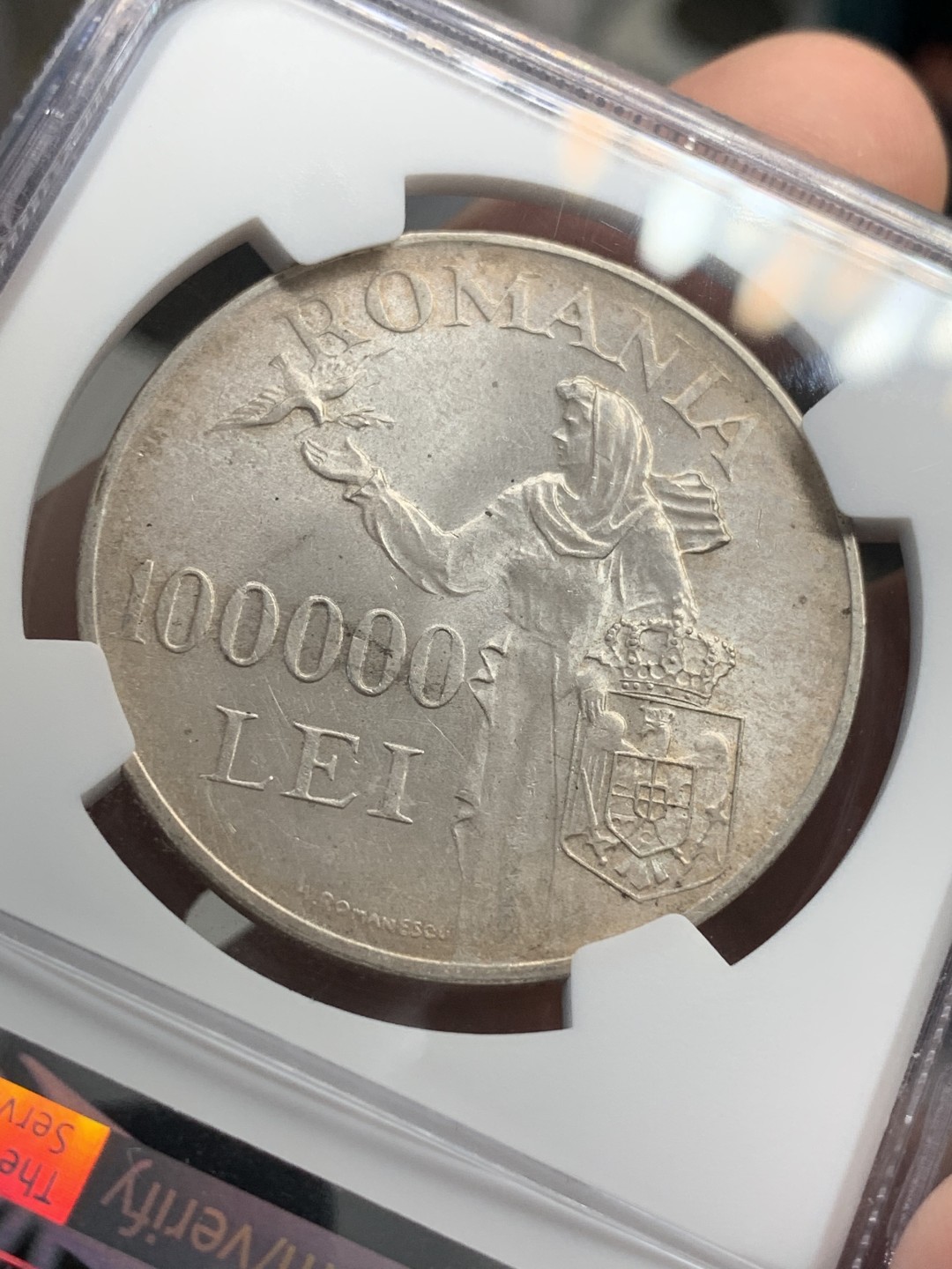 《竞宝斋》第68场-本周日，周一，周四.3场连拍（全场不限金额包邮） NGC-MS62 罗马尼亚1946年 10万列伊 大银币