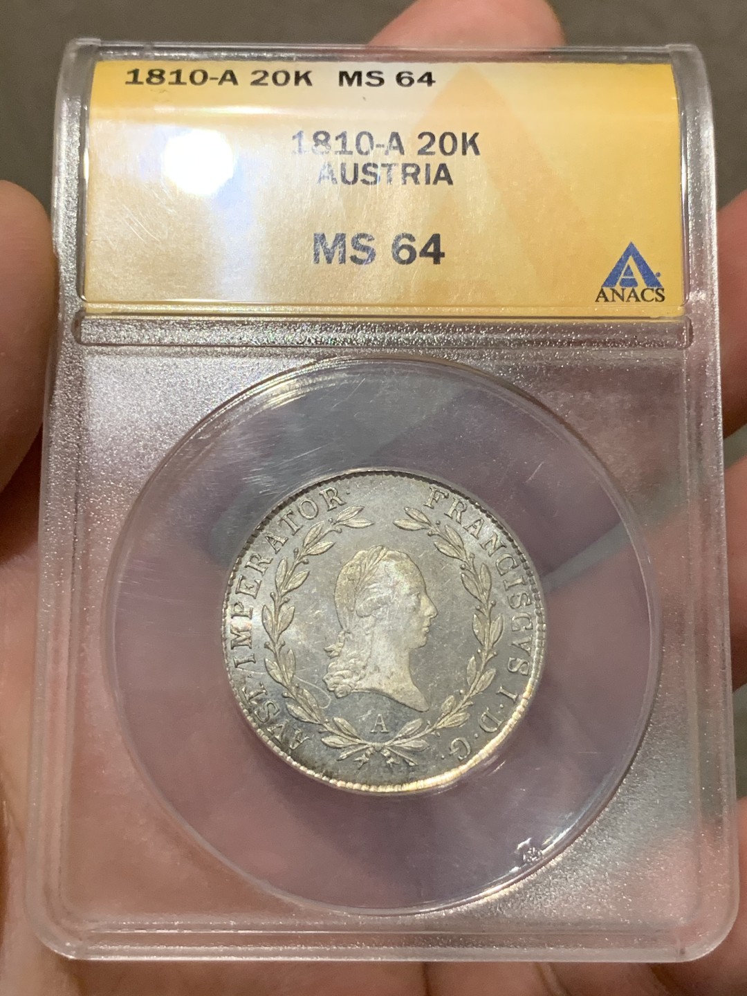 《竞宝斋》第68场-本周日，周一，周四.3场连拍（全场不限金额包邮） ANACS MS64 1810年奥地利20克鲁泽银币 镜面底，高分