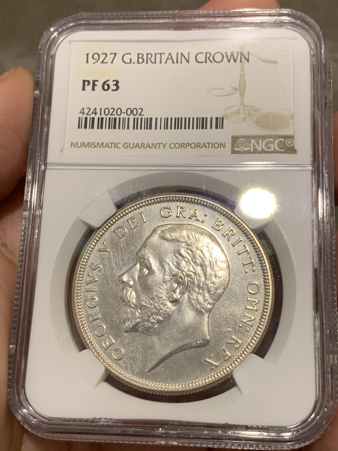 《竞宝斋》第68场-本周日，周一，周四.3场连拍（全场不限金额包邮） NGC PF63 英国1927年精制乔治五世 花冠一克朗 银币 难得状态 少见品种