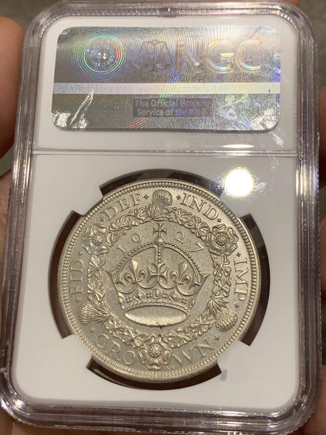 《竞宝斋》第68场-本周日，周一，周四.3场连拍（全场不限金额包邮） NGC PF63 英国1927年精制乔治五世 花冠一克朗 银币 难得状态 少见品种