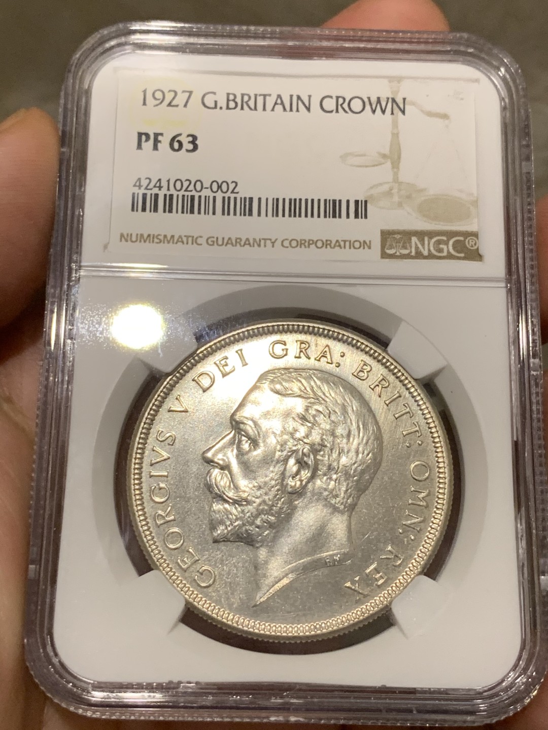《竞宝斋》第68场-本周日，周一，周四.3场连拍（全场不限金额包邮） NGC PF63 英国1927年精制乔治五世 花冠一克朗 银币 难得状态 少见品种