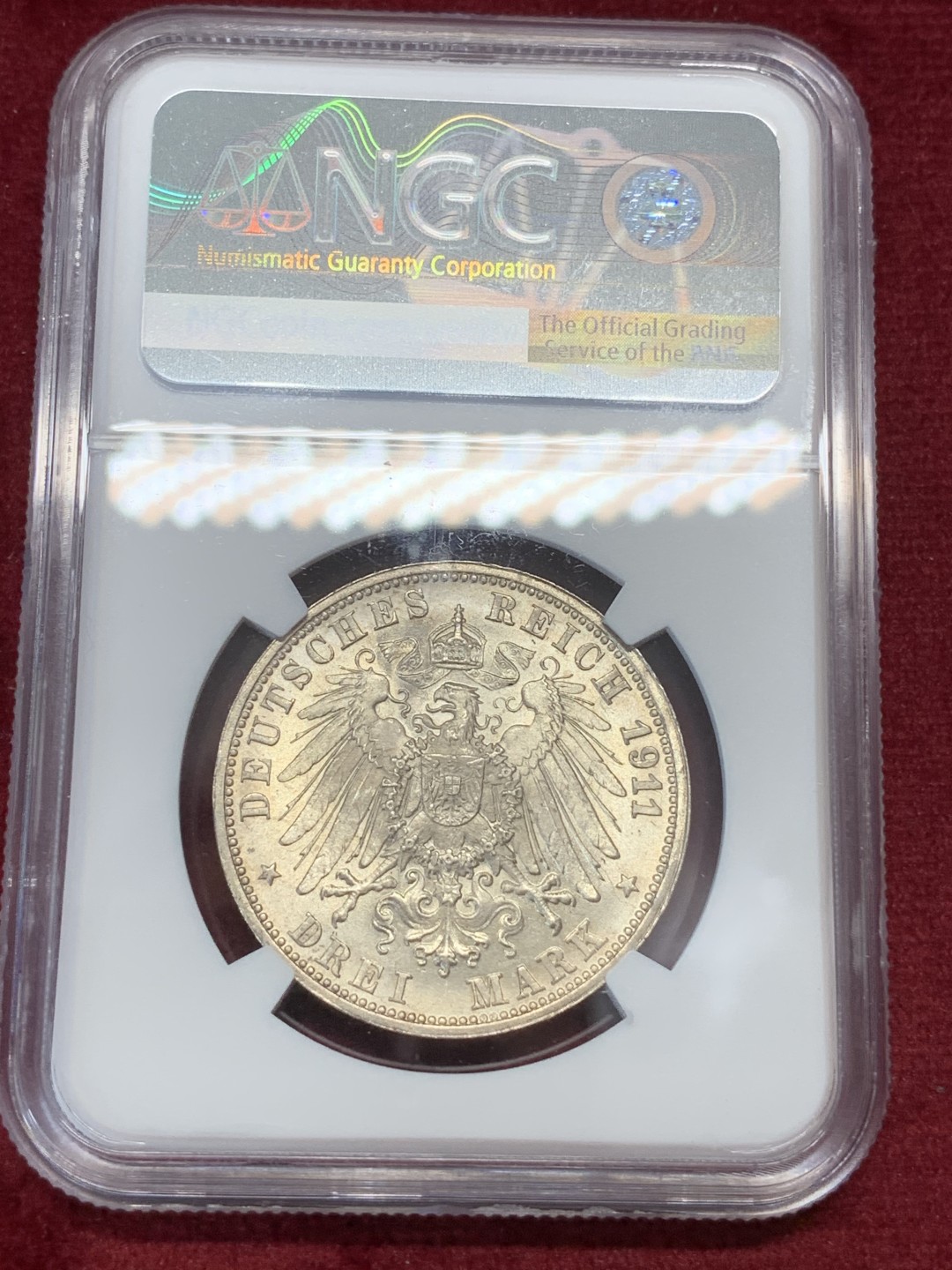 《竞宝斋》第68场-本周日，周一，周四.3场连拍（全场不限金额包邮） NGC-MS65 德国 1911年符腾堡威廉二世国王银婚纪念3马克银币