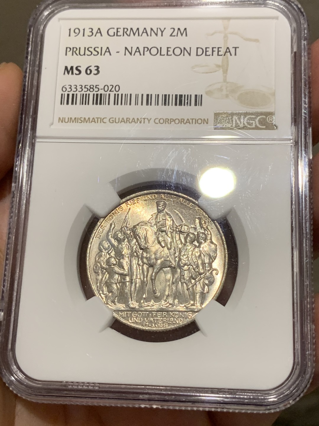 《竞宝斋》第68场-本周日，周一，周四.3场连拍（全场不限金额包邮） NGC-MS63，德国普鲁士战胜拿破仑2马克银币，1913年。