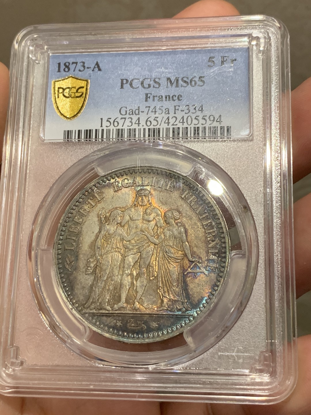 《竞宝斋》第68场-本周日，周一，周四.3场连拍（全场不限金额包邮） PCGS-MS65 法国1873-A 大力神5法郎 重彩包浆 底板完美 收藏级分数 