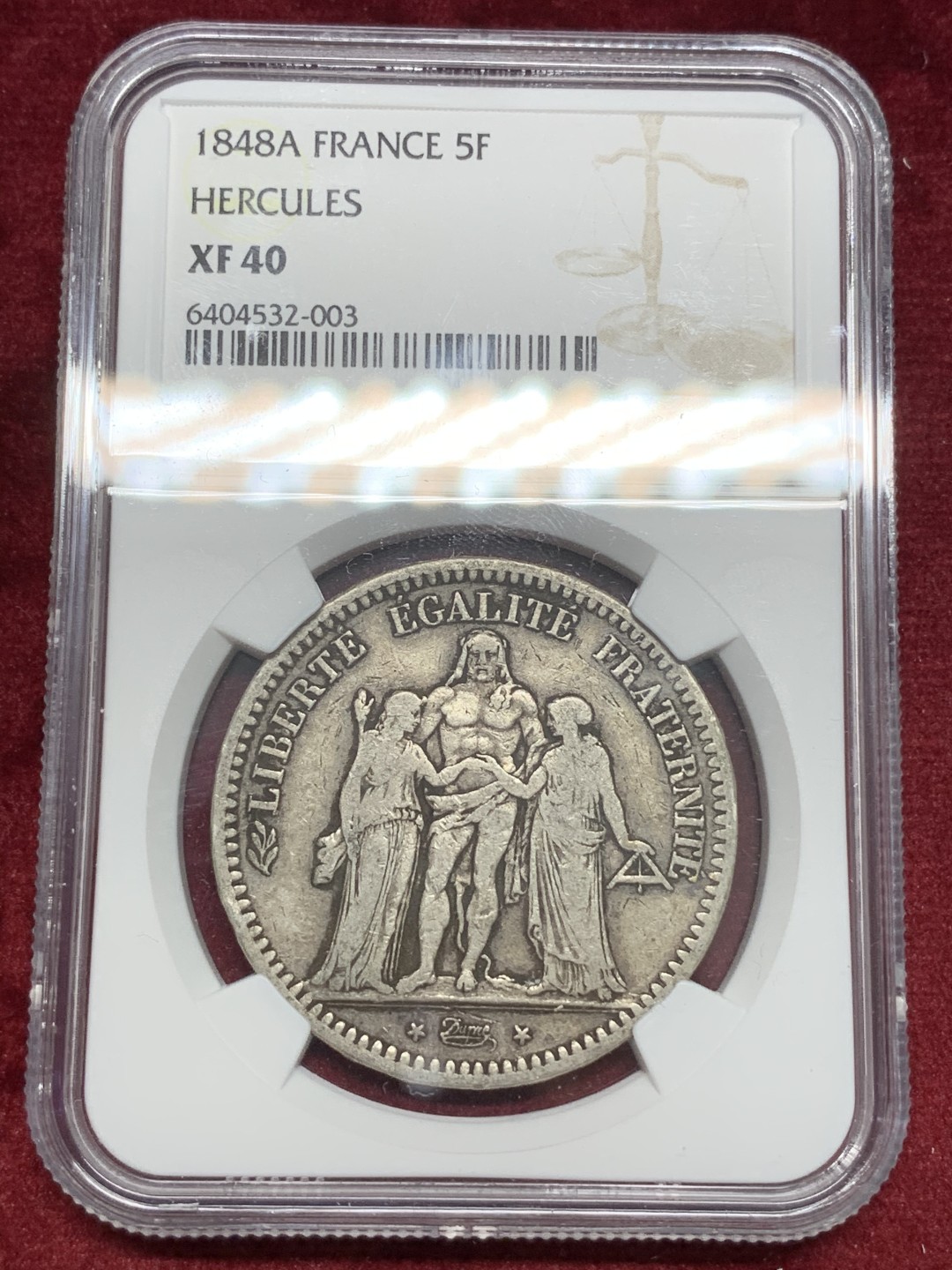 《竞宝斋》第68场-本周日，周一，周四.3场连拍（全场不限金额包邮） NGC-XF40 法国 1848年大力神 5法郎 早期年份品相已经很不错了