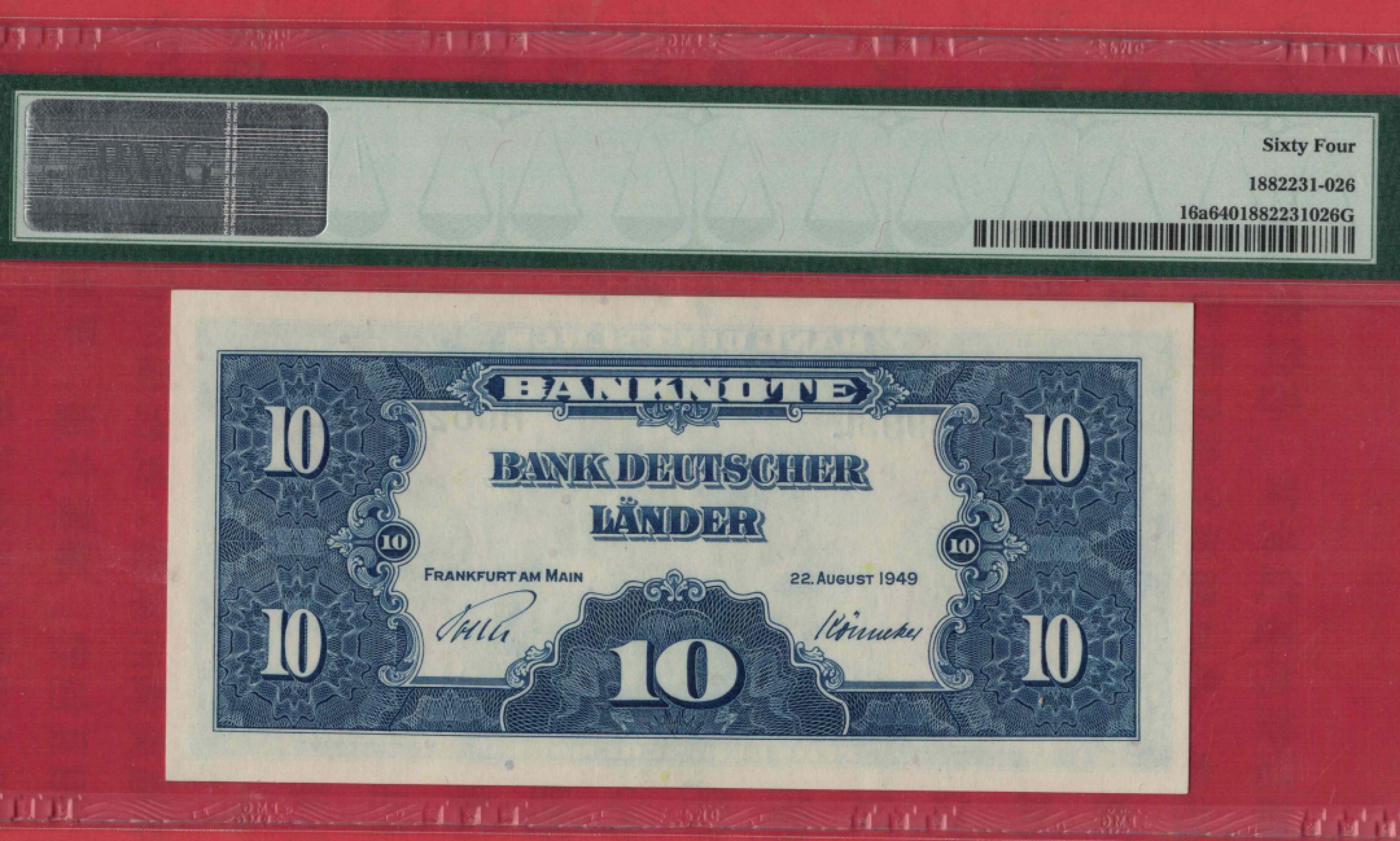 德国1949年10马克 美军占领区 实物如图 UNC  