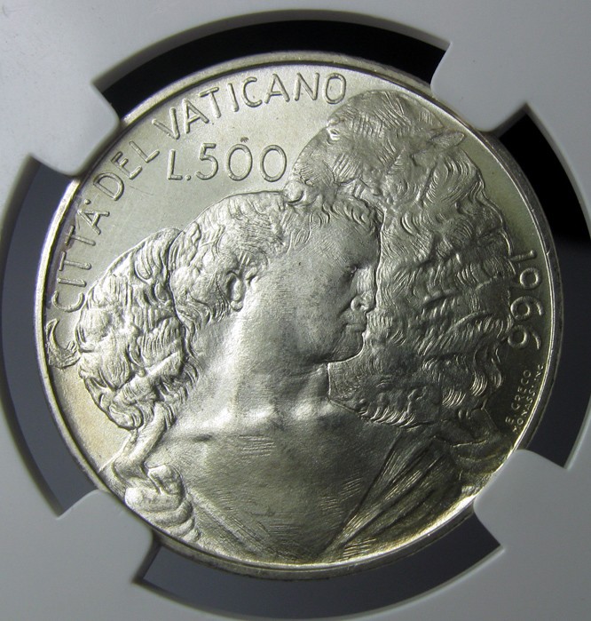  梵蒂冈银币,1966保罗六世,牧人肩扛绵羊,500里拉,约29mm,11g
