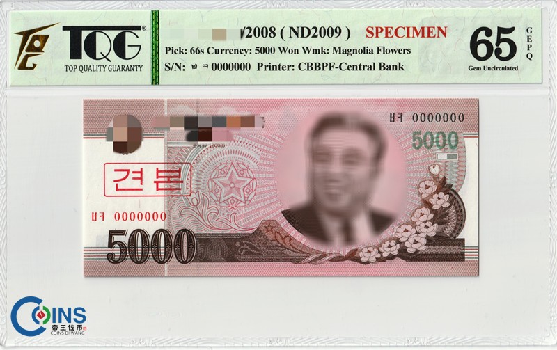 TQG评级65分 朝鲜2008年5000元纸币 票样 木兰花水印 P#66s 外国钱币