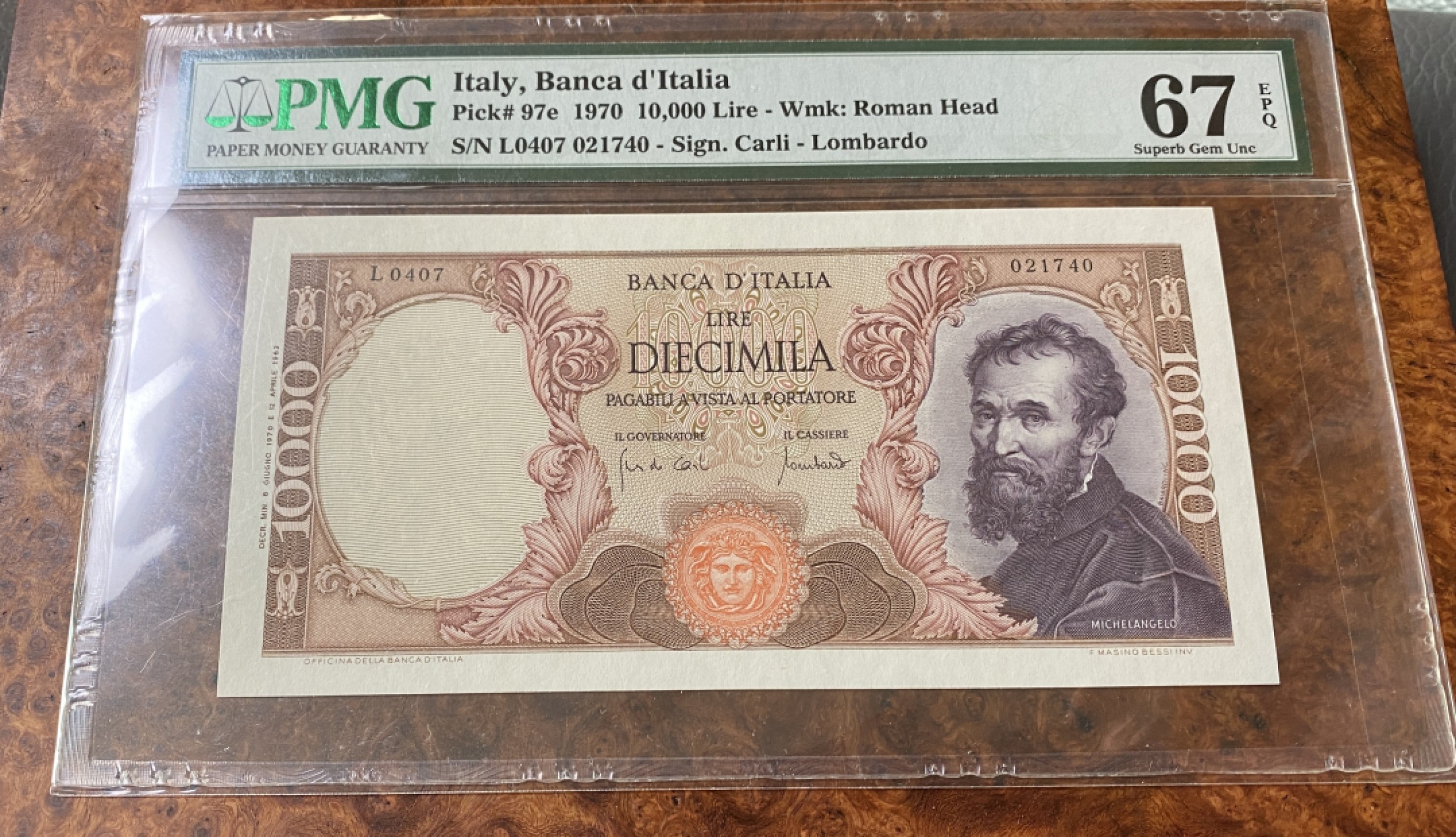 Chase Auction 第14期 - - 中外钱币、纪念钞、民国钞联拍（增加若干拍品） 1970年意大利10000里拉，PMG67分，稀少年份，米开朗基罗！