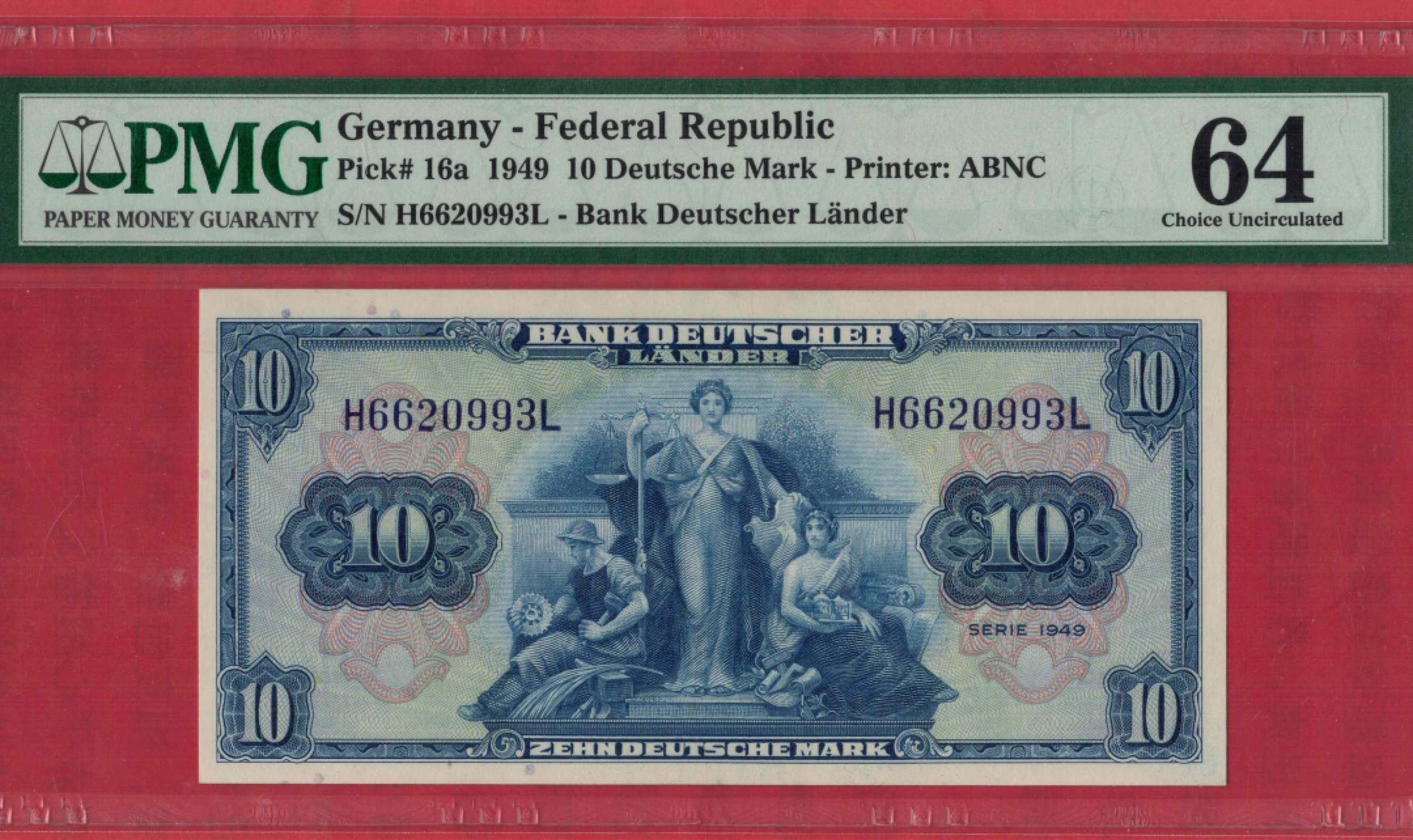 德国1949年10马克 美军占领区 实物如图 UNC  