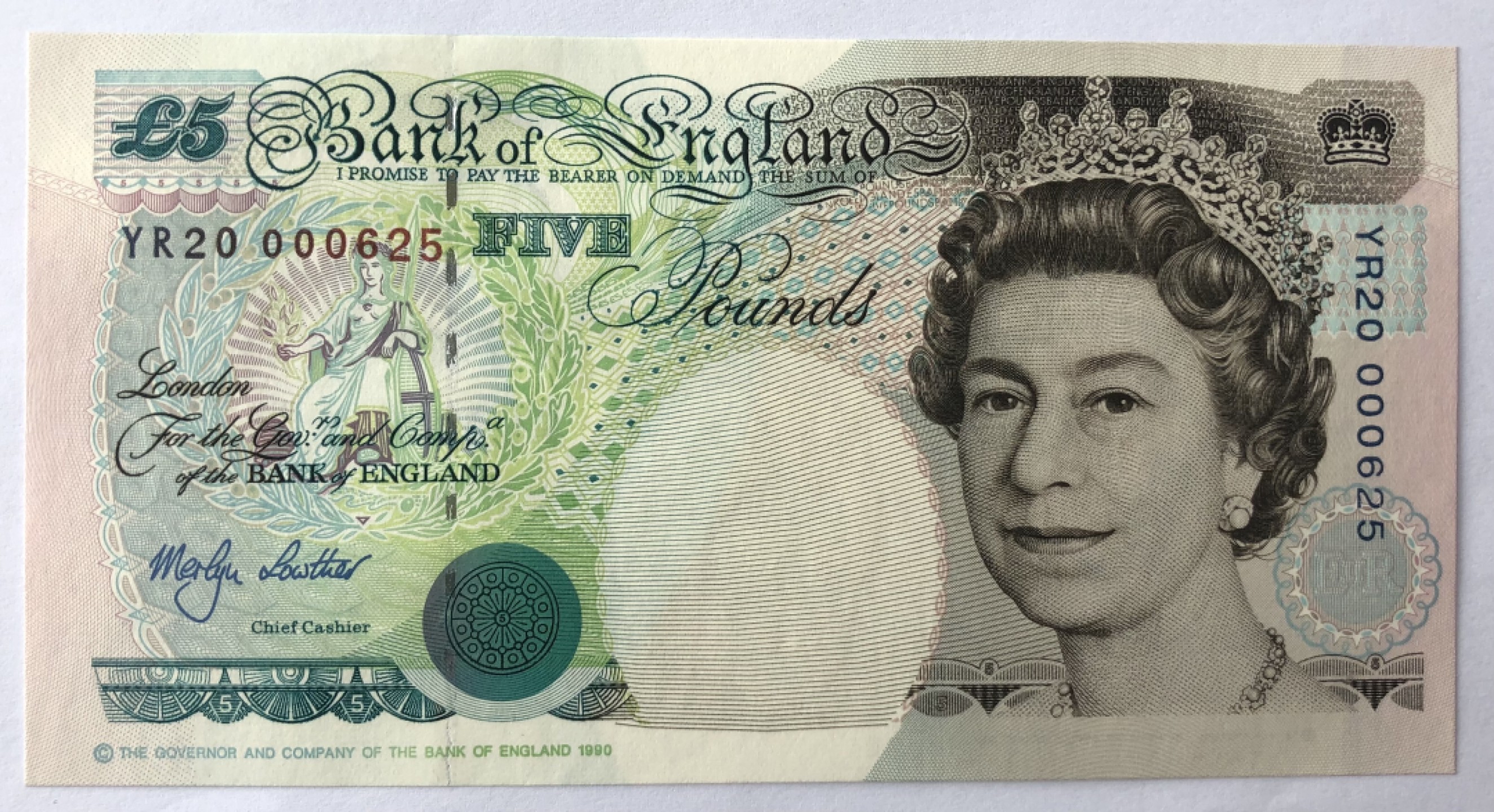 2025第25场（总第225期）：精品测试钞、纪念钞、塑料钞、连体钞综合场 百位小号YR20 000625 英国2000版“千禧年”5镑纪念钞UNC