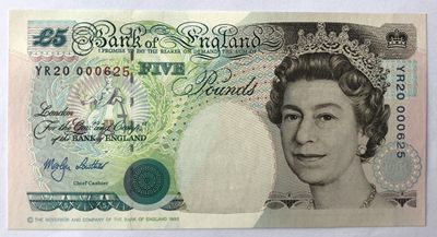 2025第25场（总第225期）：精品测试钞、纪念钞、塑料钞、连体钞综合场 - 百位小号YR20 000625 英国2000版“千禧年”5镑纪念钞UNC