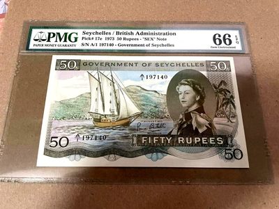 【Blue Auction】✨世界纸币精拍第198期——SEX NOTE - 【冠军分 Sex note  A1冠】塞舌尔 戎装女王 1973年50卢比 次高值 PMG66EPQ 非常精美